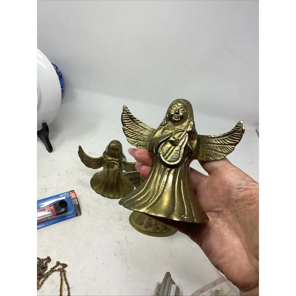 Vintage Set Of Three Angel Shaped Brass Candle Holders Holiday Decor MCM